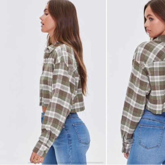 Forever 21 plaid cropped flannel button down top size small - Picture 3 of 8